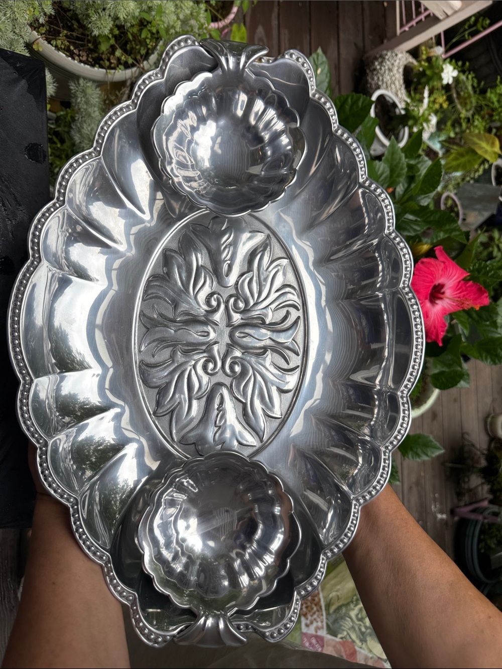 Lenox Pewter Ornate Divided Serving Platter Tray with Two Removable Bowls